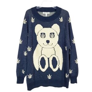 URBAN OUTFITTERS Teddy Weed Leaf Long Line Crew Neck Blue NWT 420